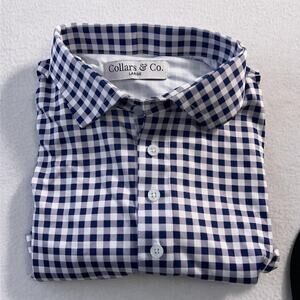 Collars & Co. Polo Shirt Mens Large Blue Gingham Dress Collar Performance Golf